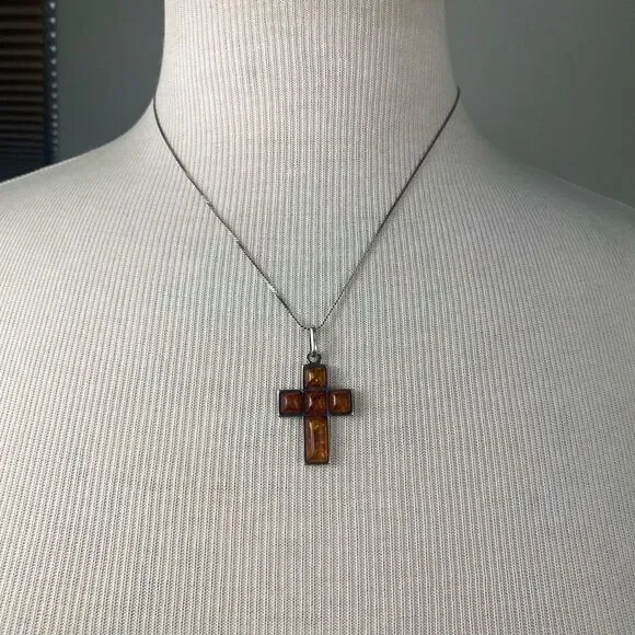 Vtg Estate Art Deco Sterling Silver Amber cross pendant and silver chain 925 - Picture 4 of 7